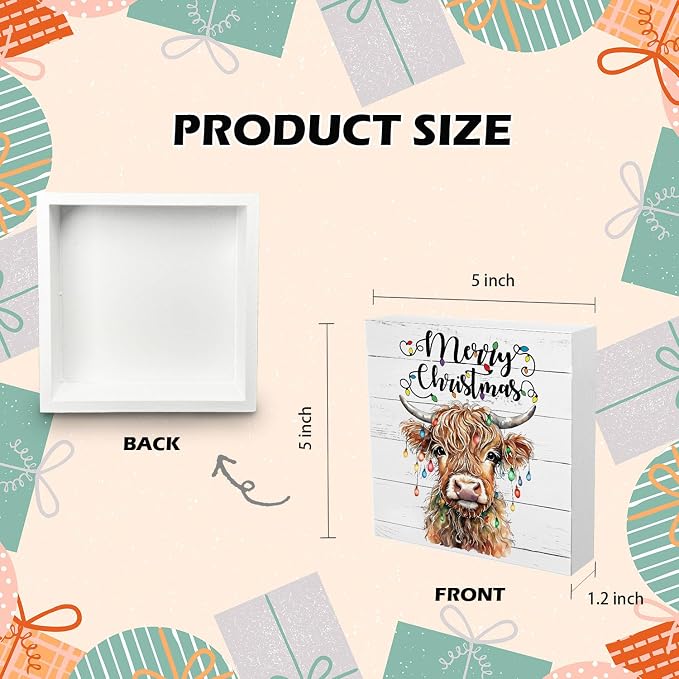 Highland Cow Christmas Wooden Box Sign - Western Decor, 5x5 Inch