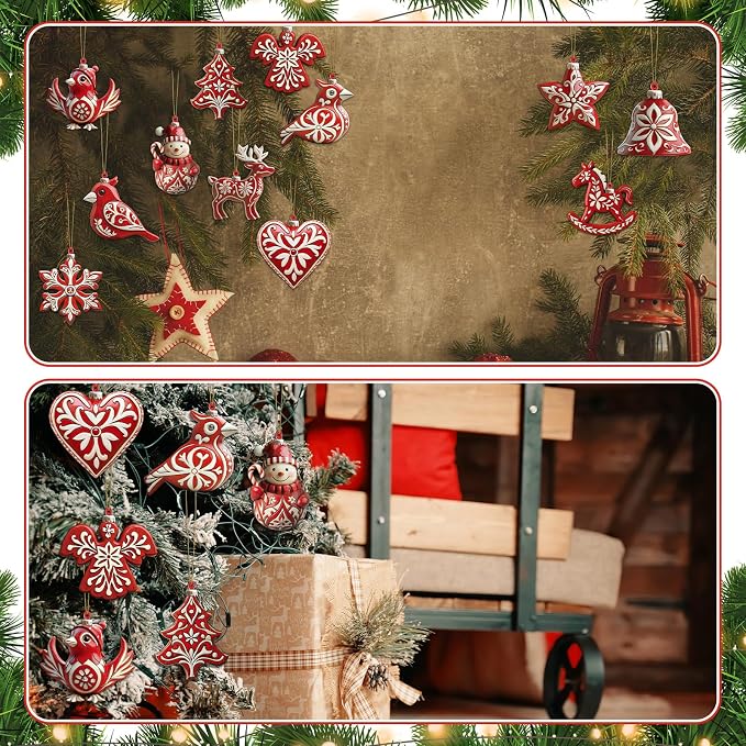 Amyhill 24 Pcs Nordic Wooden Christmas Tree Ornaments, Retro