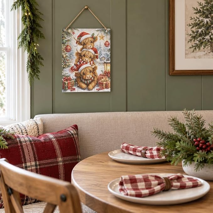 Christmas Highland Cow Sign, Cute Cattle Holiday Hanging Plaque Wall Decor