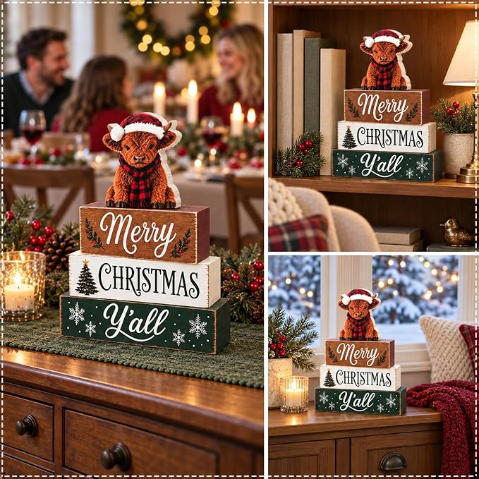 Highland Cow Christmas Tiered Tray Decor, Merry Christmas Wooden Block Sign