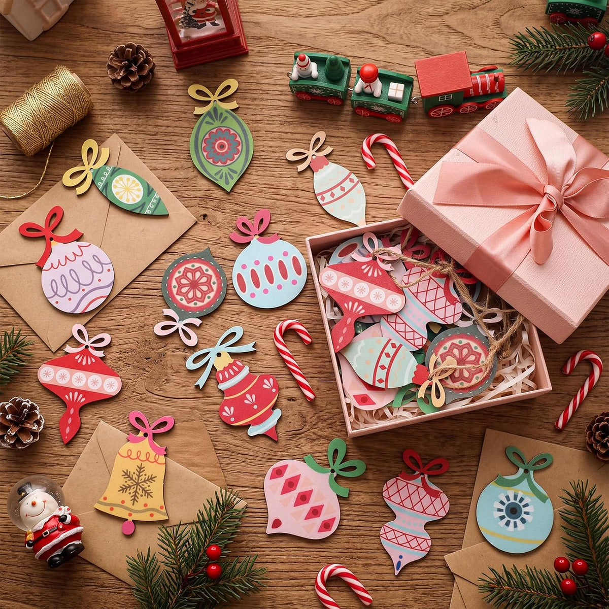 Amyhill 24 Pcs Vintage Wooden Christmas Tree Ornaments with Rope