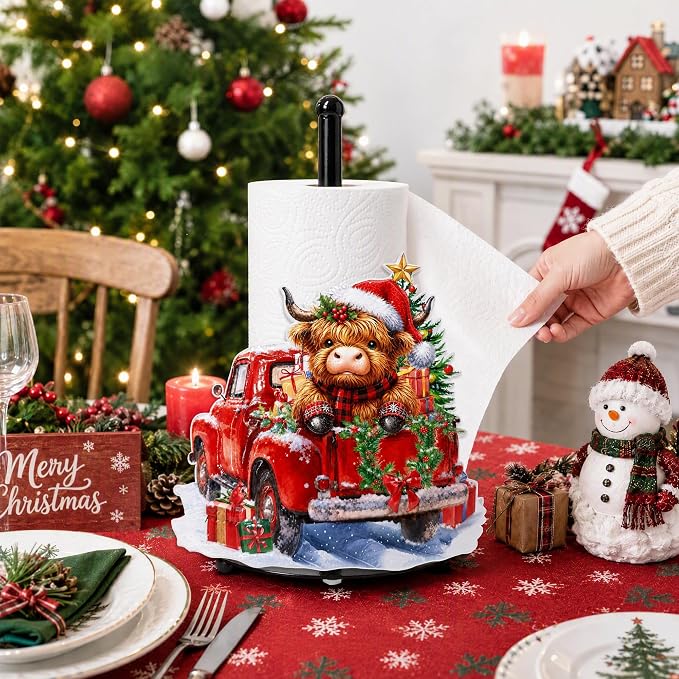 Christmas Highland Cow Paper Towel Holder, Farmhouse Xmas Kitchen Countertop