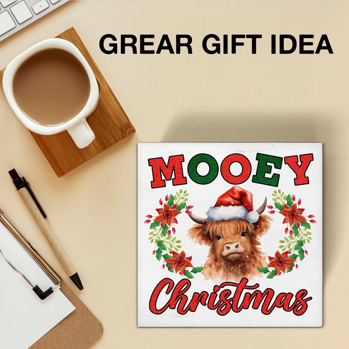 Christmas Highland Cow Decorations Mooey Christmas Wooden Box Sign for Winter