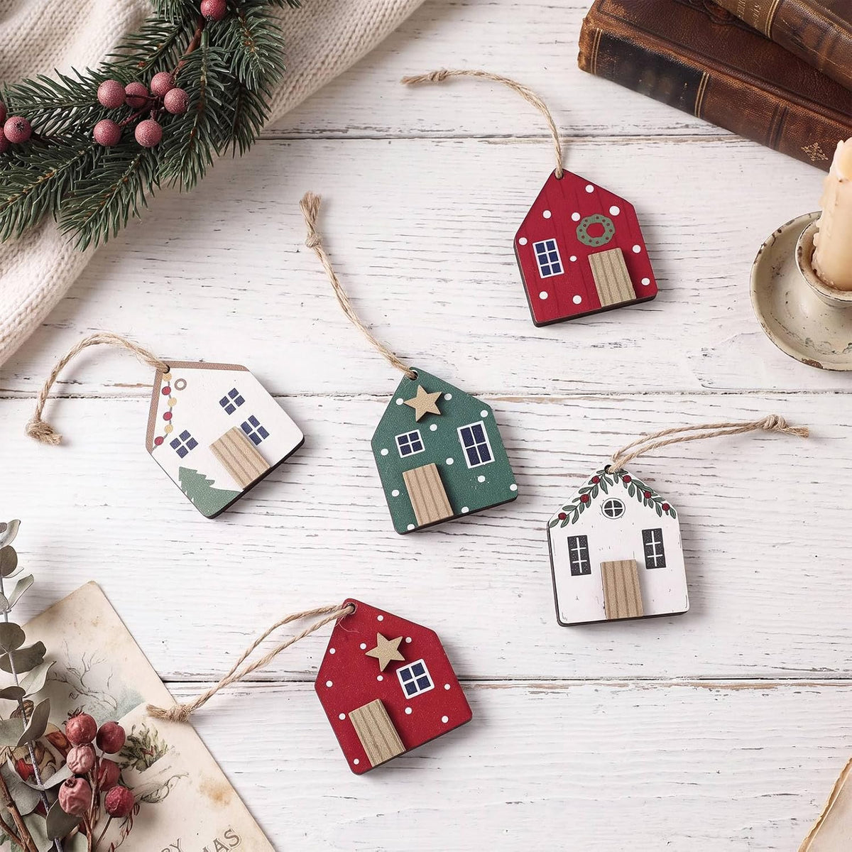 10 Pcs Christmas Wooden House Ornaments Rustic Farmhouse Wood Village Cabin