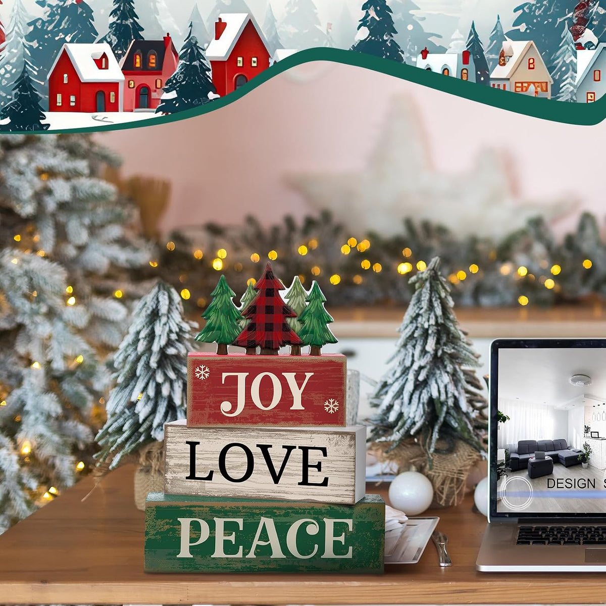 Lineshading 4 Pcs Christmas Table Decor Christmas Tree Block Signs Joy Love