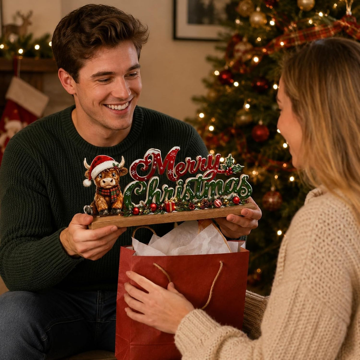 Highland Cow Christmas Decorations Indoor Wooden Table Sign
