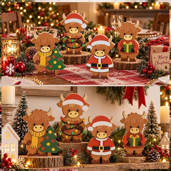 4 Pcs Christmas Highland Cow Figurines Decor, Christmas Cow Gifts