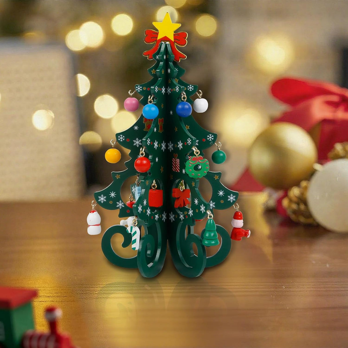 TEBIEKOY DIY Mini Wooden Christmas Tree with Ornaments Set, Cute 7 Inch Small