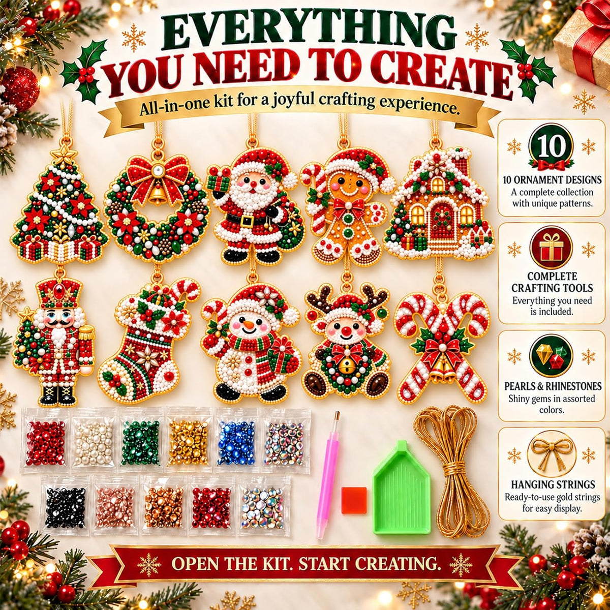 10Pcs DIY Pearl Diamond Art Christmas Ornaments Kit for Adults, Wooden Hanging