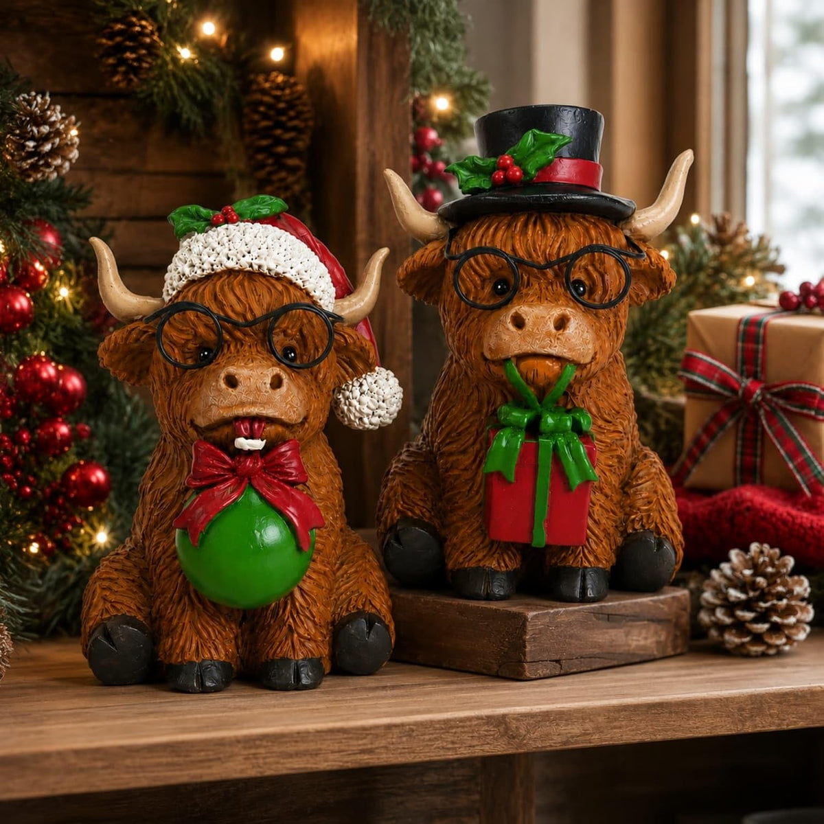 2Pcs Highland Cow Christmas Decor Figurines for Table, Shelf, Tray