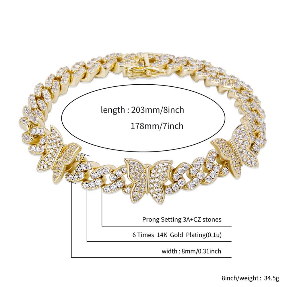 TOPGRILLZ Butterfly Chain 8MM Cuban Chain Bracelet Iced Out Cubic zirconia Bracelet Hip Hop Charm Jewelry For Gift 7"8"