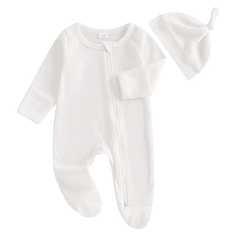 2024-09-07 Lioraitiin Newborn Baby Fall Footed Romper Solid Color Waffle Long Sleeve Crew Neck Zipper Jumpsuit with Hat
