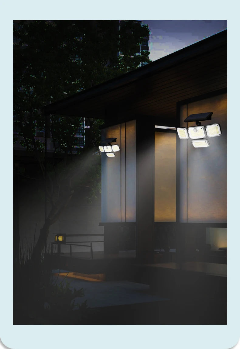5000LM Outdoor Motion Sensor Lamp 333 LED IP65 Waterproof 4-Head Solar Power Light Flood Lights 270° Lighting Range Outdoor Indoor Solar Garden Lamp With Adjustable Head Wide Lighting