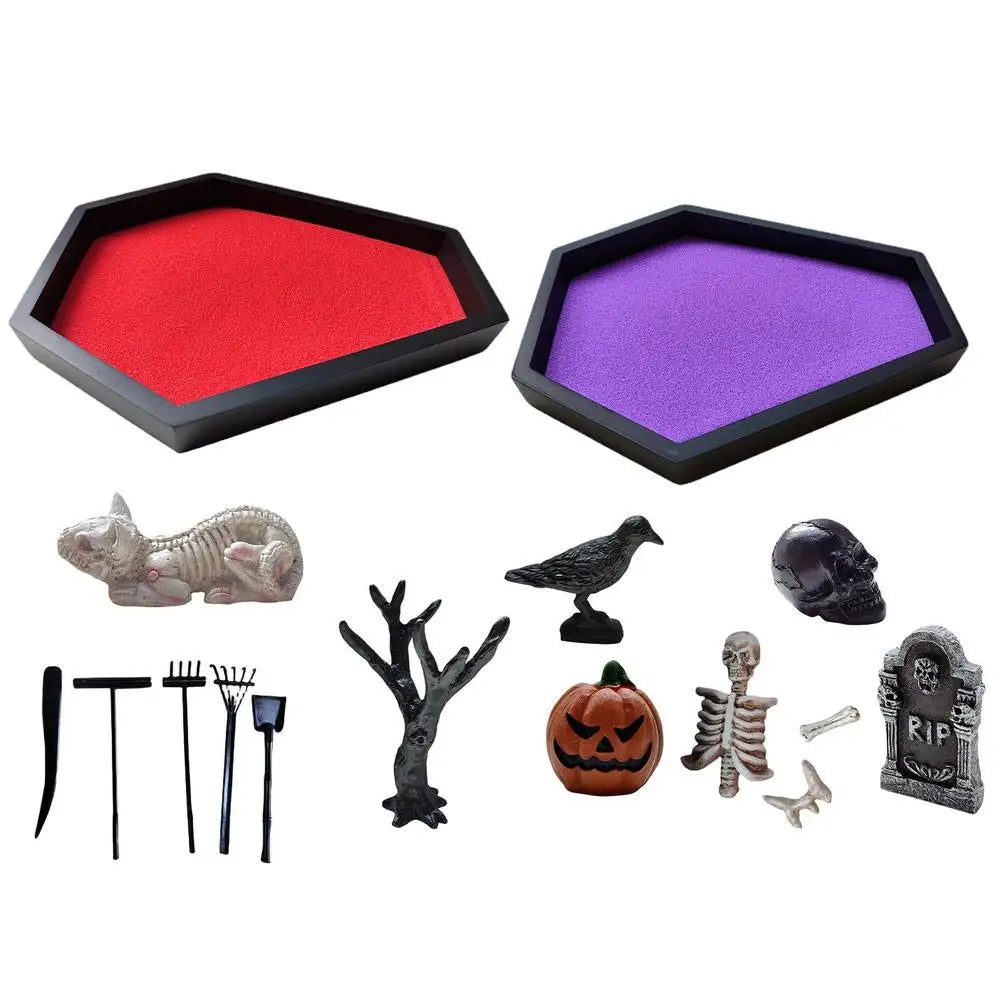 Camping Halloween Coffin Sand Tabletop Decoration, Gothic Zen Garden Kit With Skull For Theme Ornament Creepy Mini Landscape