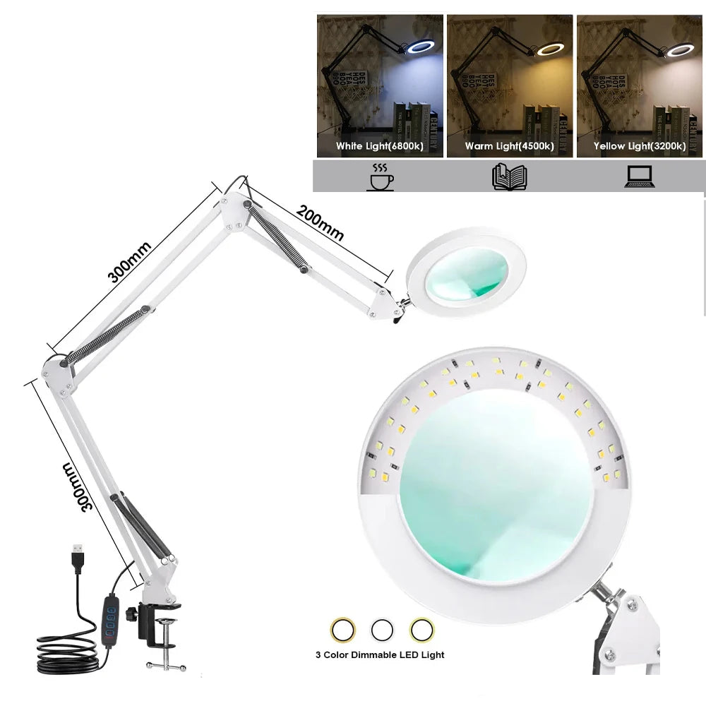 3 Colors LED Magnifying Glass 72LED 8X/10X NEW Illuminated Magnifier USB for Soldering Iron Repair/Table Lamp/Skincare Beauty