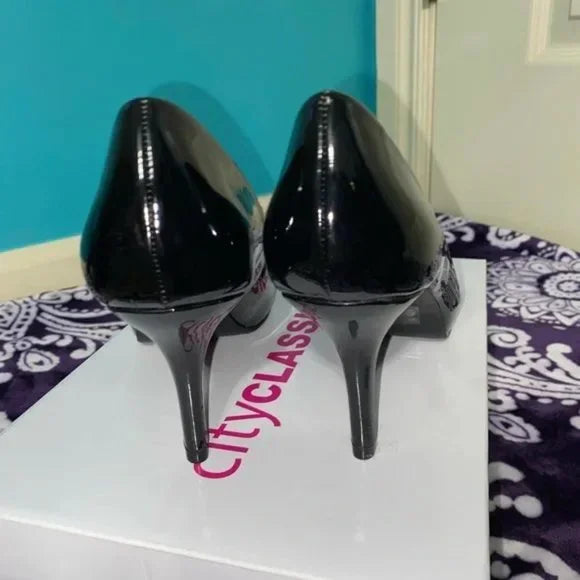 New Black Shiny Cityclassified Short Peep Toe Pumps Size 7.5. Women's Fashion.