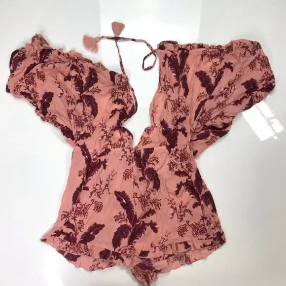 Topshop Cold Shoulder Pink Printed Playsuit Jumper Size Large. Women's Fashion