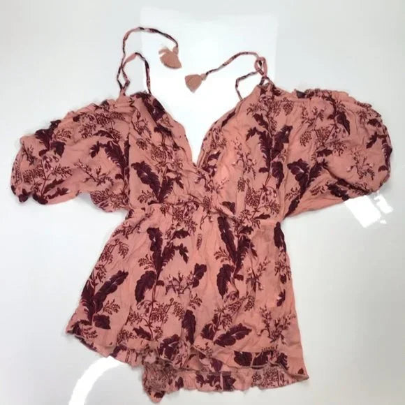 Topshop Cold Shoulder Pink Printed Playsuit Jumper Size Large. Women's Fashion