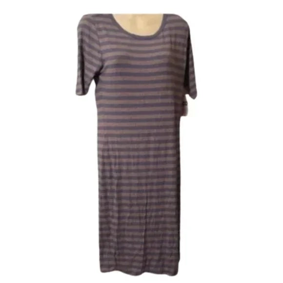 NWT LulaRoe Julia Grey with Light Blue Striped Pattern Dress. Size Medium