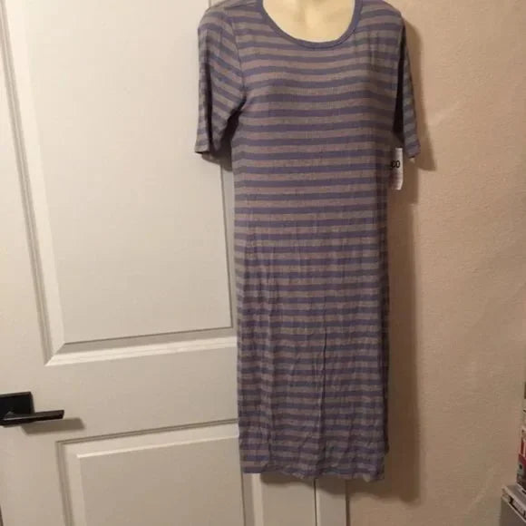 NWT LulaRoe Julia Grey with Light Blue Striped Pattern Dress. Size Medium
