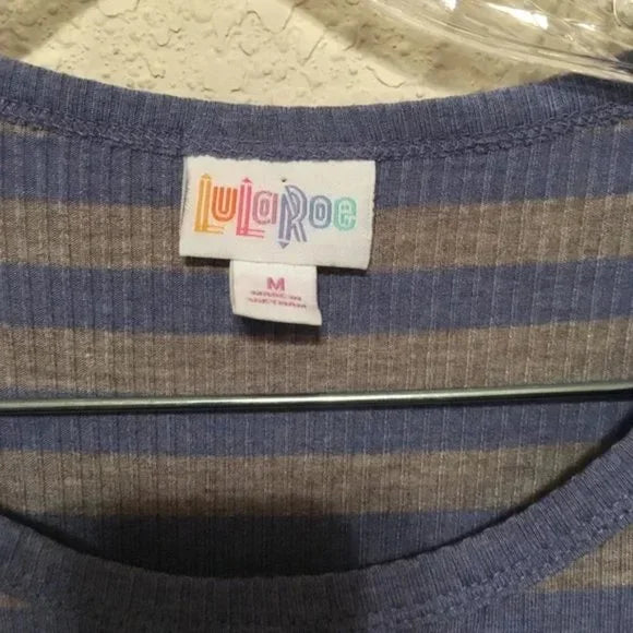 NWT LulaRoe Julia Grey with Light Blue Striped Pattern Dress. Size Medium