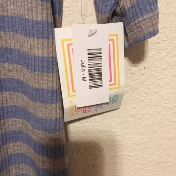 NWT LulaRoe Julia Grey with Light Blue Striped Pattern Dress. Size Medium