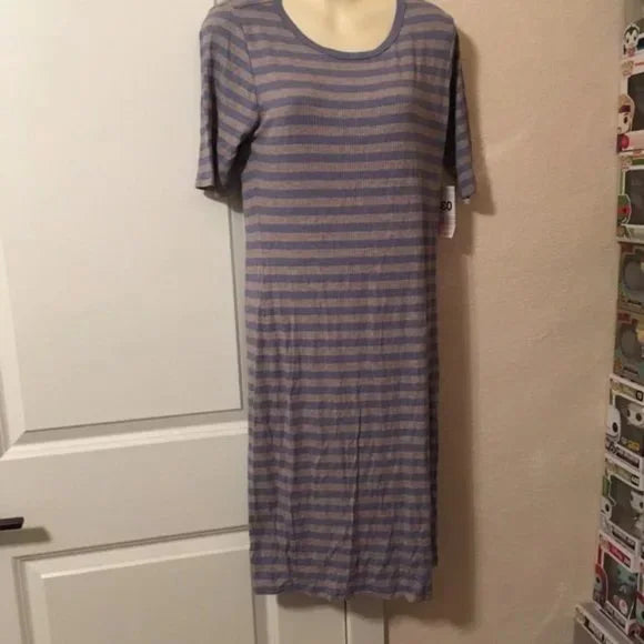 NWT LulaRoe Julia Grey with Light Blue Striped Pattern Dress. Size Medium