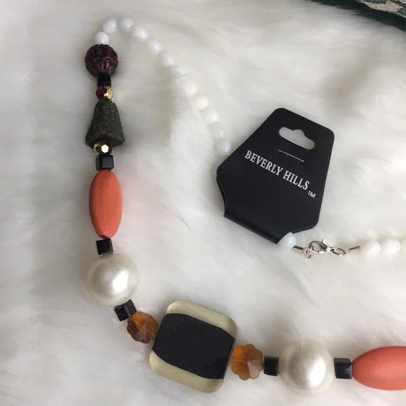 New Beverly Hills Colorful Orange White Beaded Necklace. Women's Fashion