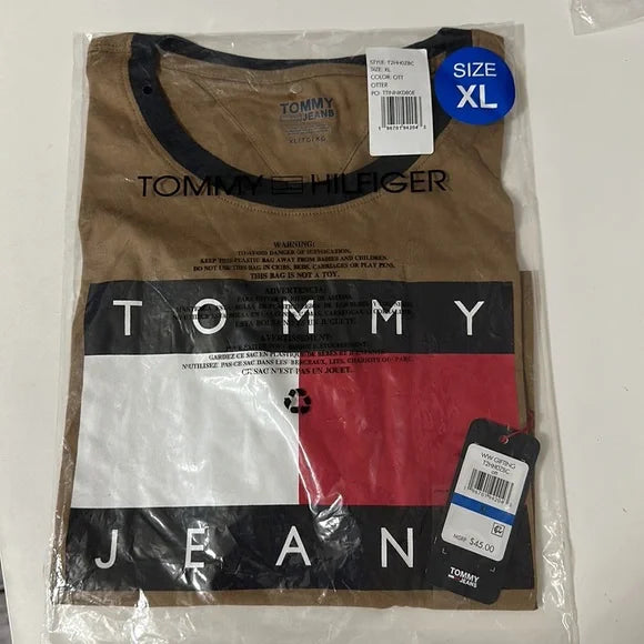 NWT Tommy Hilfiger Logo Colorblock Blouse Top T Shirt size XL Tan Brown
