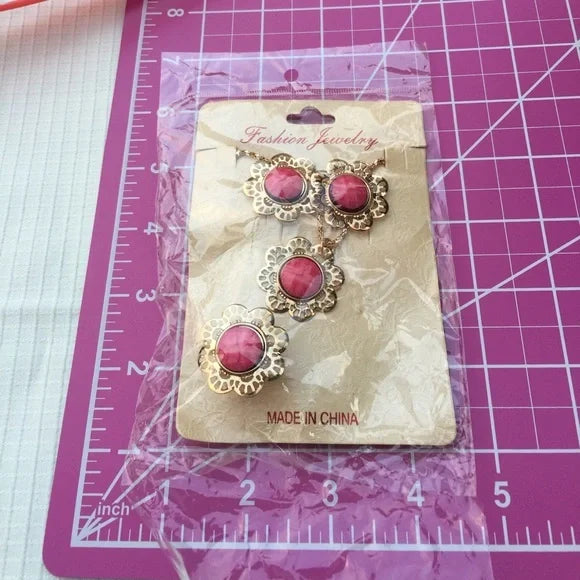 New Floral Pink Necklace Earrings Ring Jewelry Set, Women's Fashion