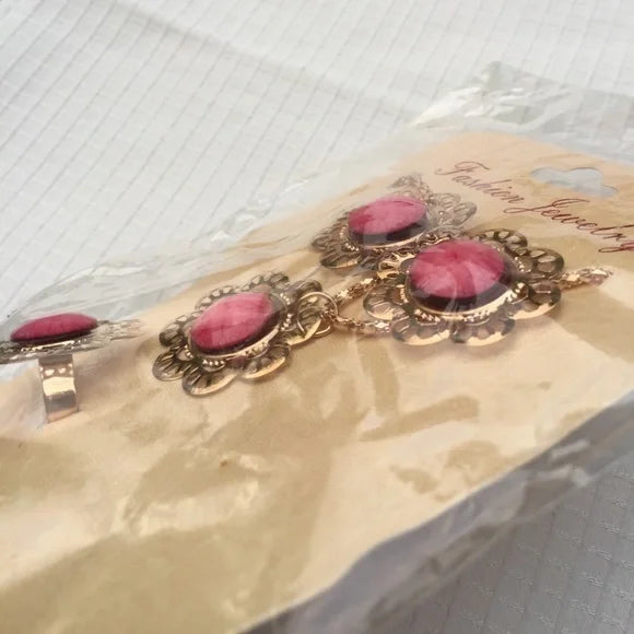 New Floral Pink Necklace Earrings Ring Jewelry Set, Women's Fashion