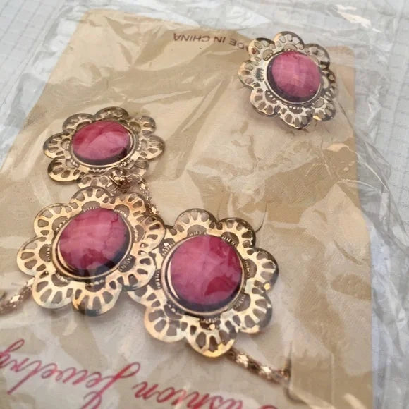 New Floral Pink Necklace Earrings Ring Jewelry Set, Women's Fashion