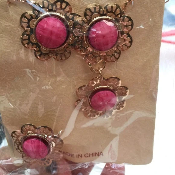 New Floral Pink Necklace Earrings Ring Jewelry Set, Women's Fashion