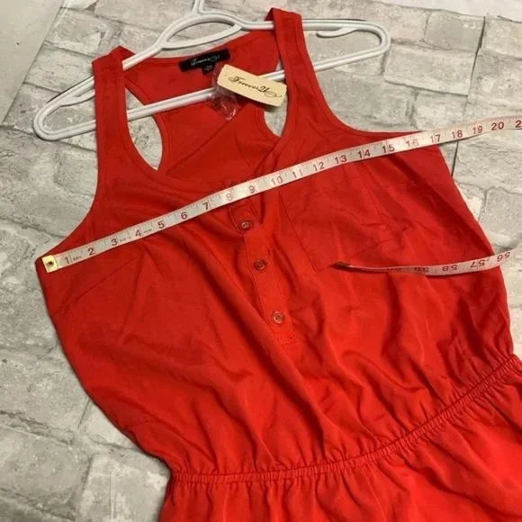 NWT Forever 21 Coral Red Sleeveless Button Front Romper. Size Medium.