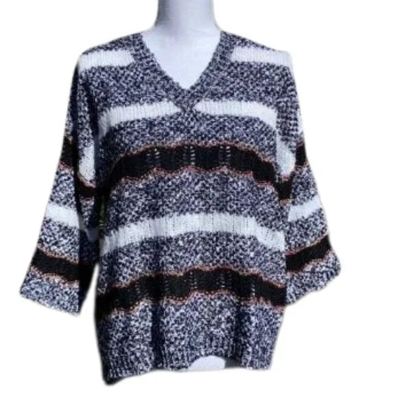 NWT New John Paul Gray White V-Neck Long Sleeve Sweater Large Women's Ladies