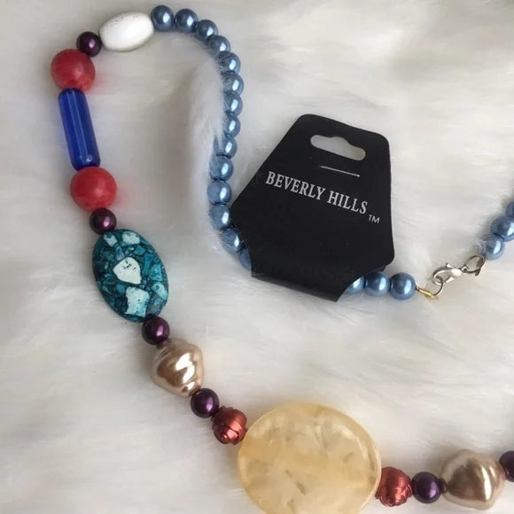 New Beverly Hills Blue White Beaded Necklace. Women's Fashion