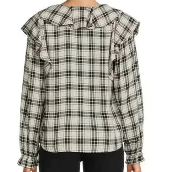 NWT Time and Tru Plaid Black & White Ruffle Long Sleeve Blouse Size XL