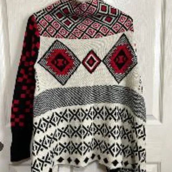 NWOT Francescas Red White Printed Long Sleeve Cardigan Sweater Medium Women's