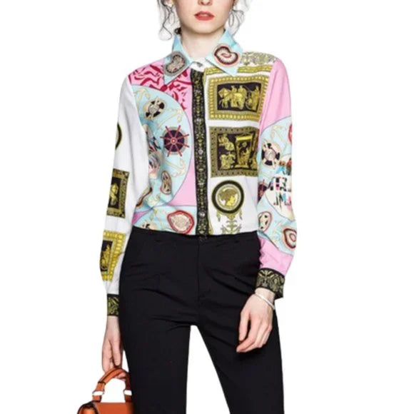 New Yellow pink Baroque Print Runway Shirt Ladies Collar Women Slim Blouse