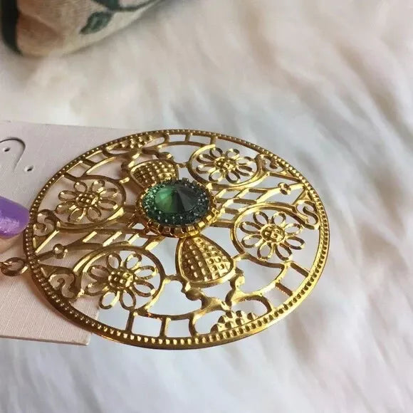NWT Brand New Big Round Chunky Rose πΉ Gold Plated Round Earrings. With Blue-Green Gemstone π