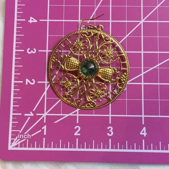 NWT Brand New Big Round Chunky Rose πΉ Gold Plated Round Earrings. With Blue-Green Gemstone π