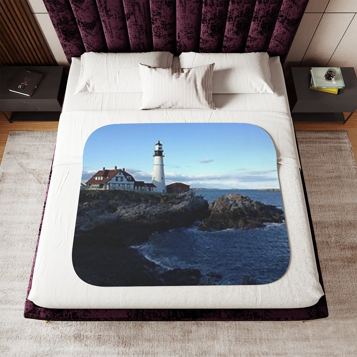 Lighthouse by the Sea view Sherpa Blanket, Two Colors beach Birthday gift Holiday gifts Christmas