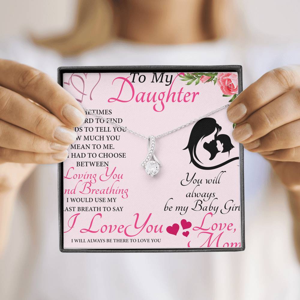 CARD#9-To My Daughter 18K White Gold Plated Ribbon Love Necklace made with Crystals