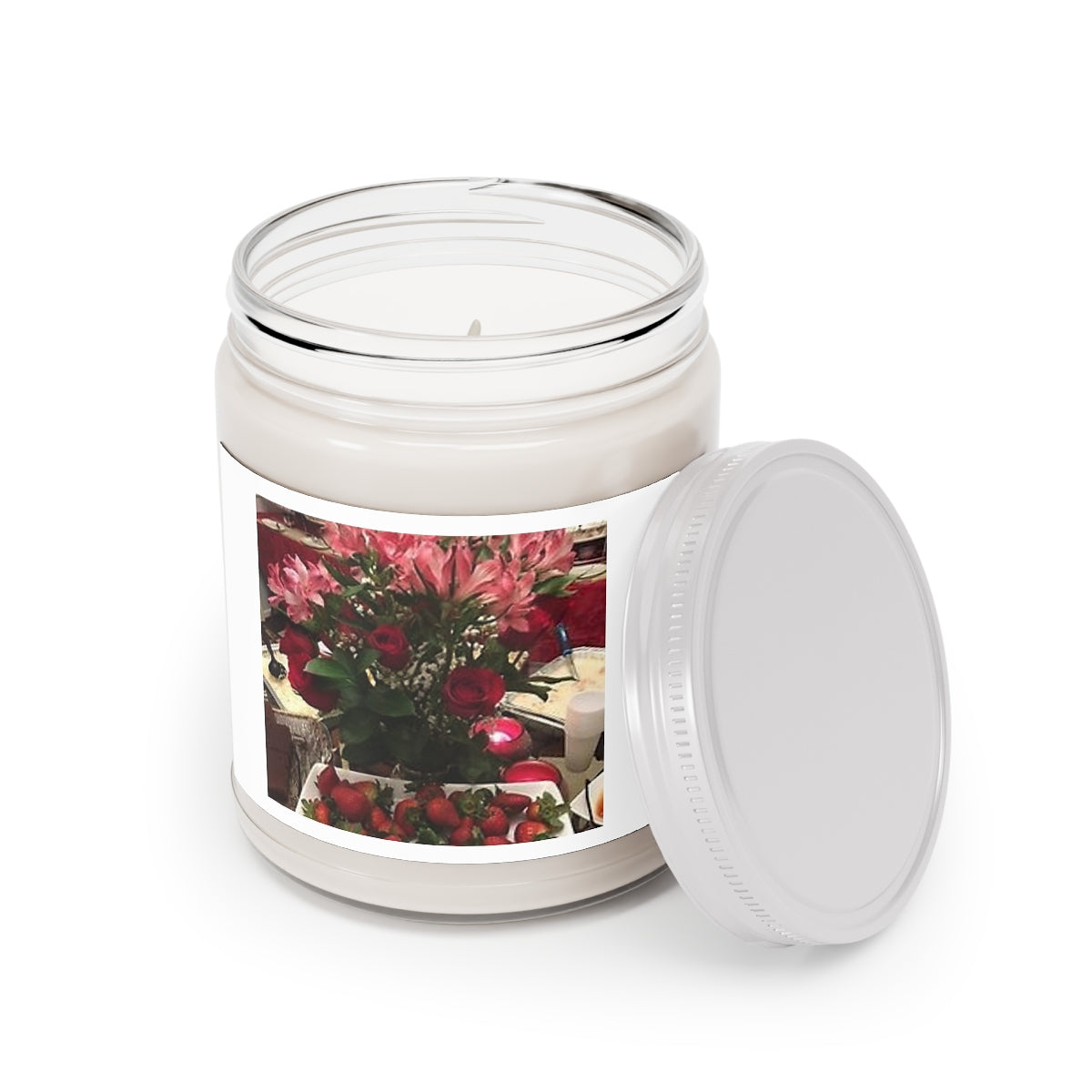 " Flowers & Strawberries " Design Scented Candles, 9oz Holiday Gift Birthday Gift Comfort Spice Scent, Sea Breeze Scent, Vanilla Bean Scent Home Decor