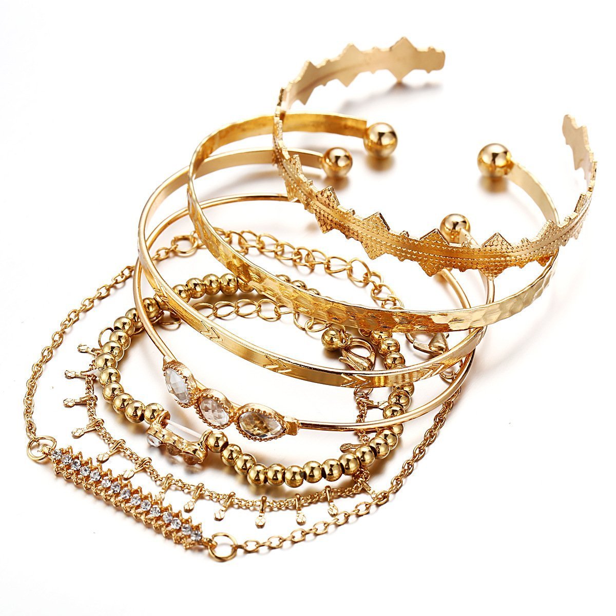 7 Piece Geometric Bangle Set With Austrian Crystals 18K Gold Plated Bracelet