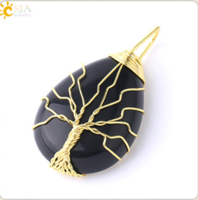 3pcs CSJA Gold Color Tree of Life Wire Wrap Water Drop Pendant Reiki Natural Gem Stone
