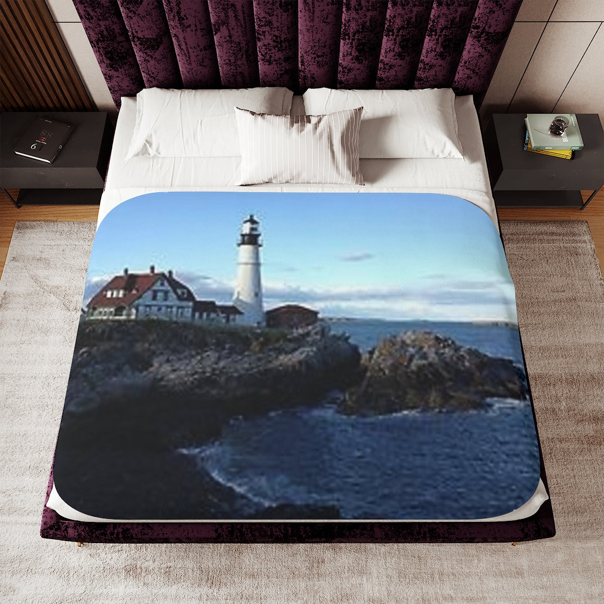 Lighthouse by the Sea view Sherpa Blanket, Two Colors beach Birthday gift Holiday gifts Christmas