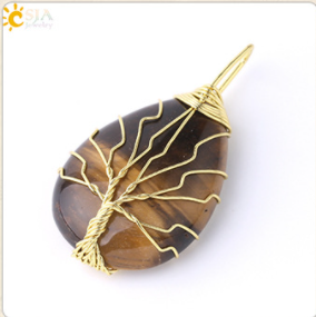 3pcs CSJA Gold Color Tree of Life Wire Wrap Water Drop Pendant Reiki Natural Gem Stone