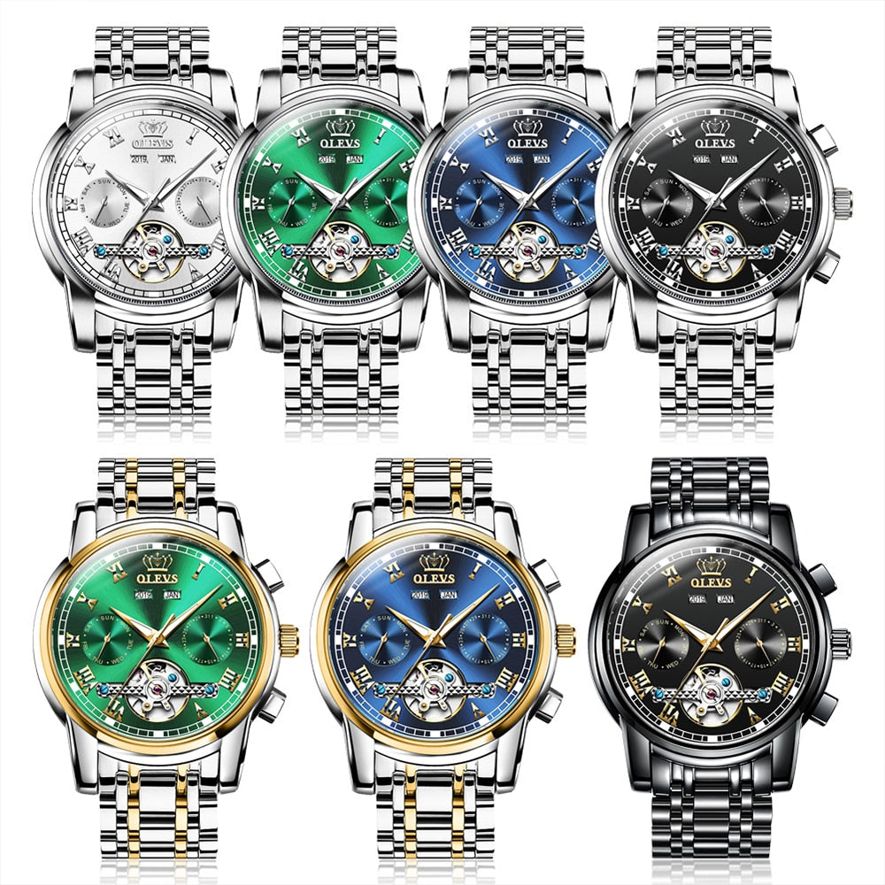 OLEVS Automatic Mechanical Men Watches Stainless Steel Waterproof Date Week Green Perpetual Calendar Classic Luxury Wrist Watch