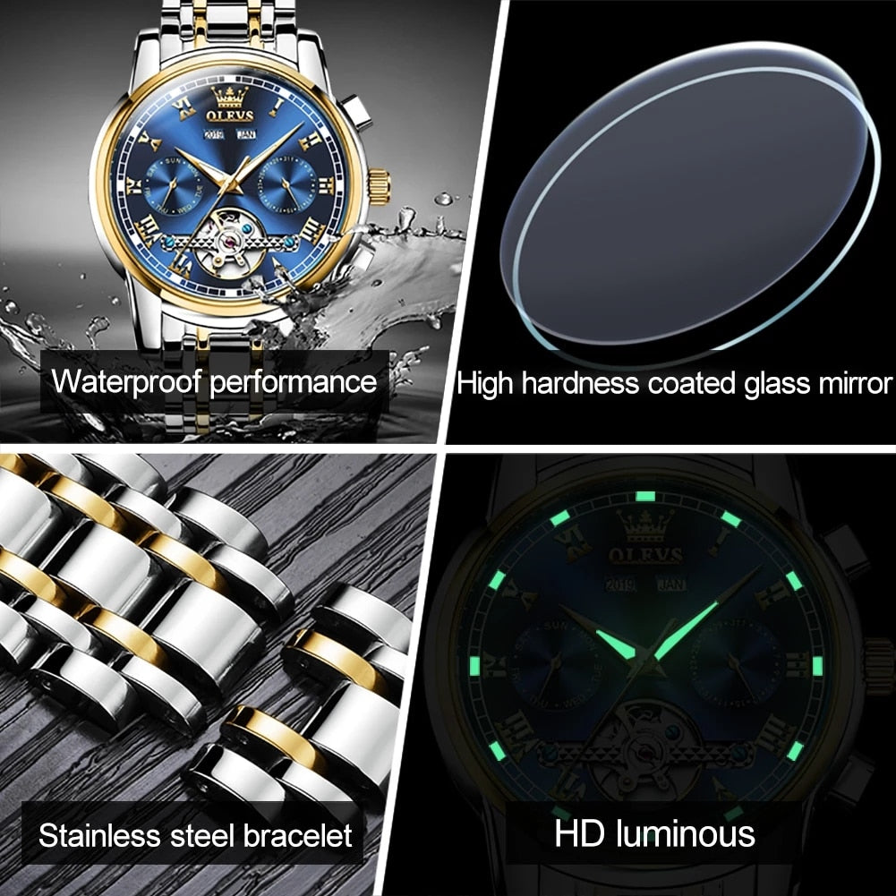OLEVS Original Watch For Men Automatic Mechanical Watch Top Brand Luxury Tourbillon Wristwatch Classic Male Black Watches 6607